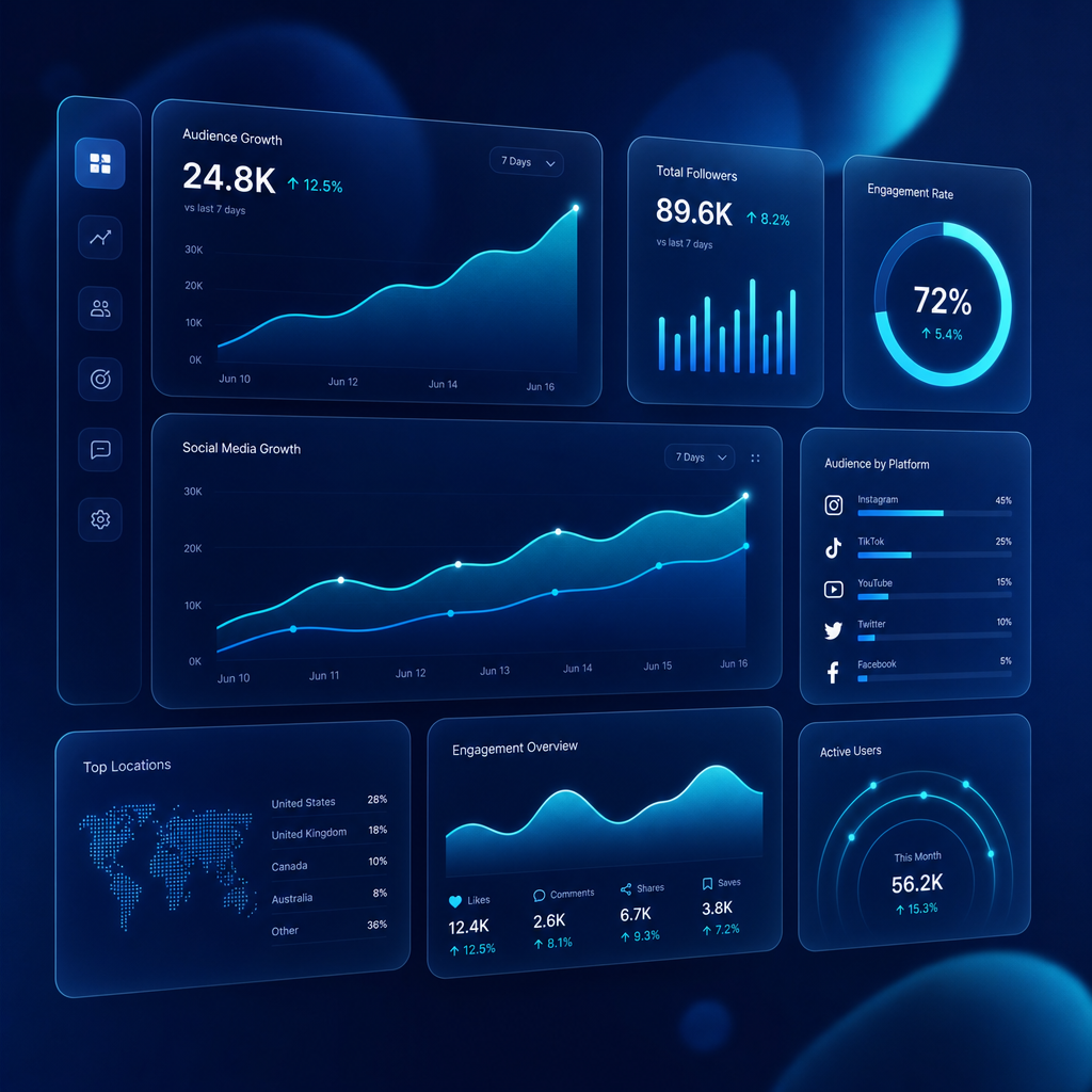 Premium marketing analytics dashboard with social media growth charts and glassmorphism cards